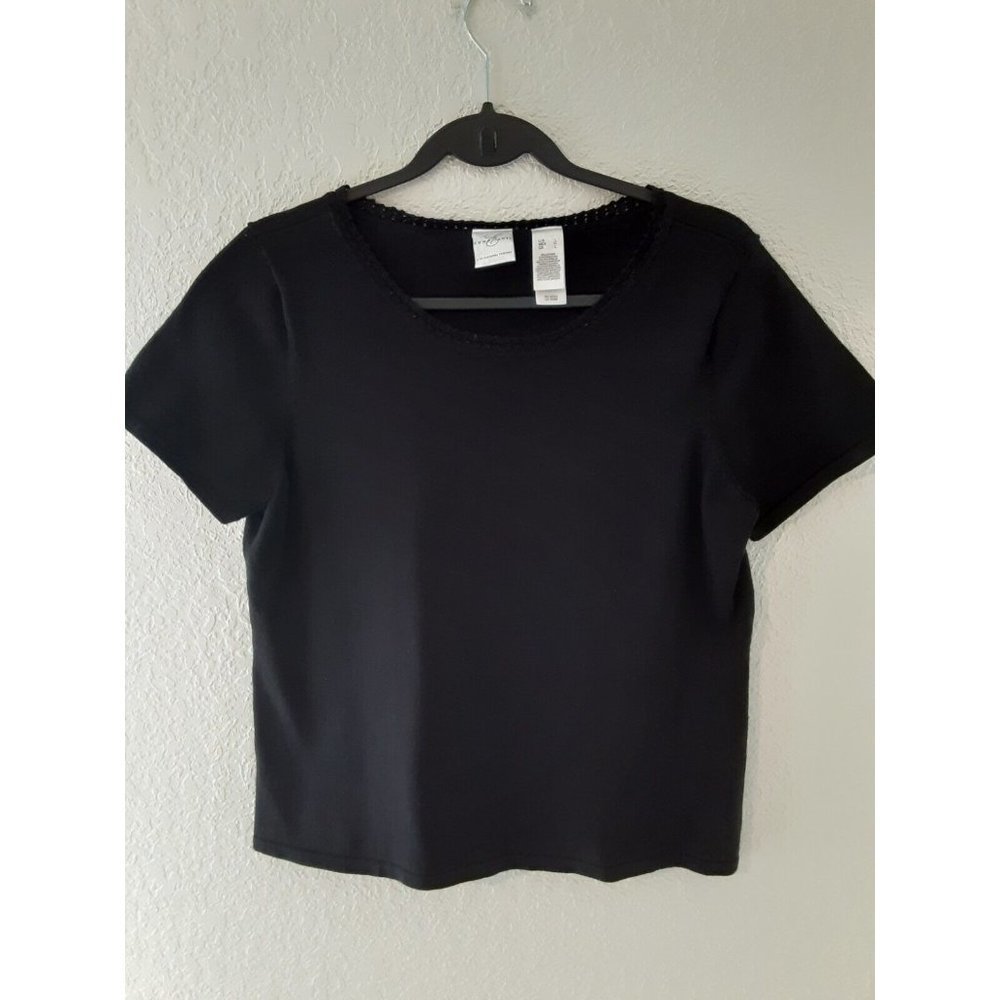 Emma James By Liz Claiborne Crochet Beaded Neck  Short Sleeve Black Shirt Top L